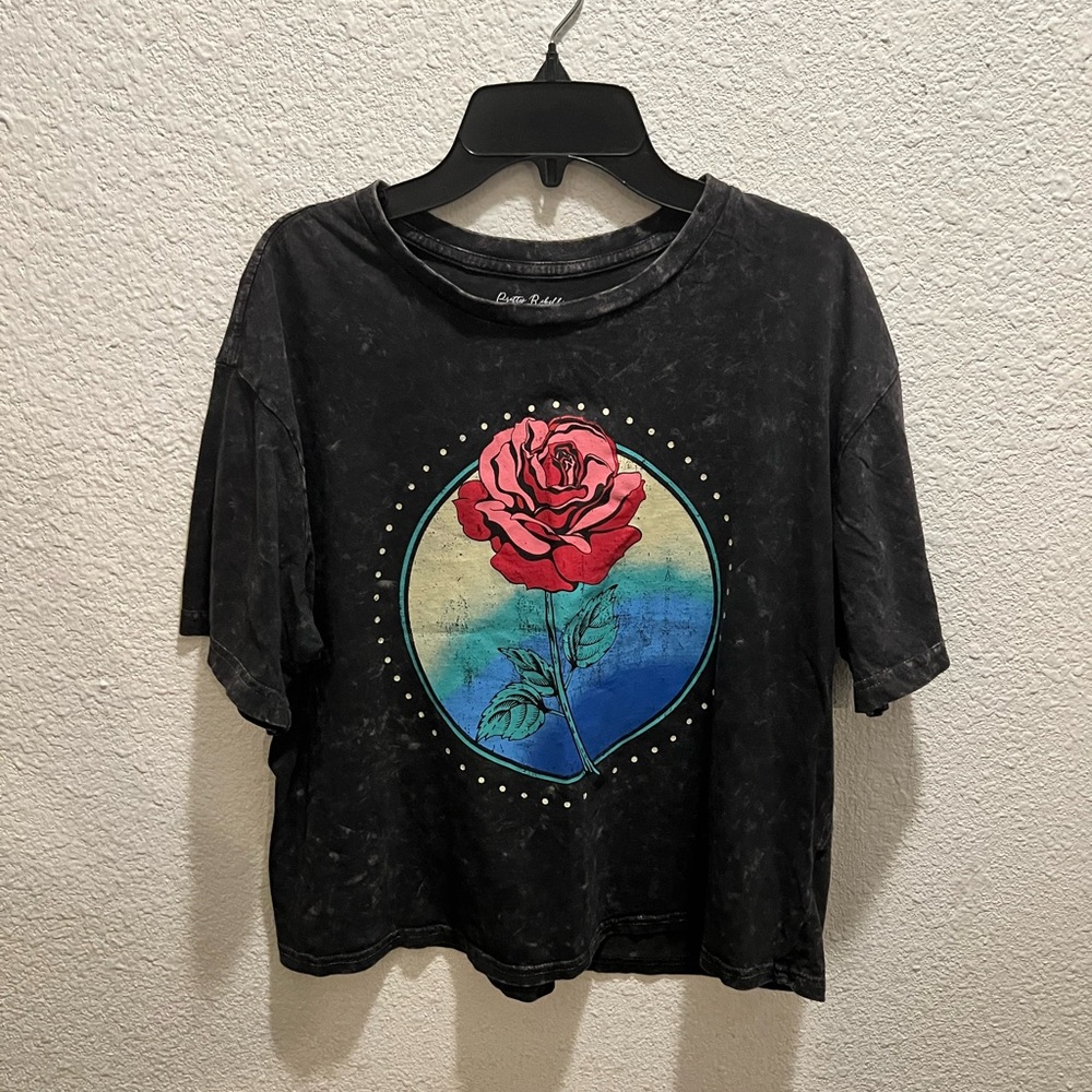 Pretty Rebellious Black Tee with Rose and Gradient
